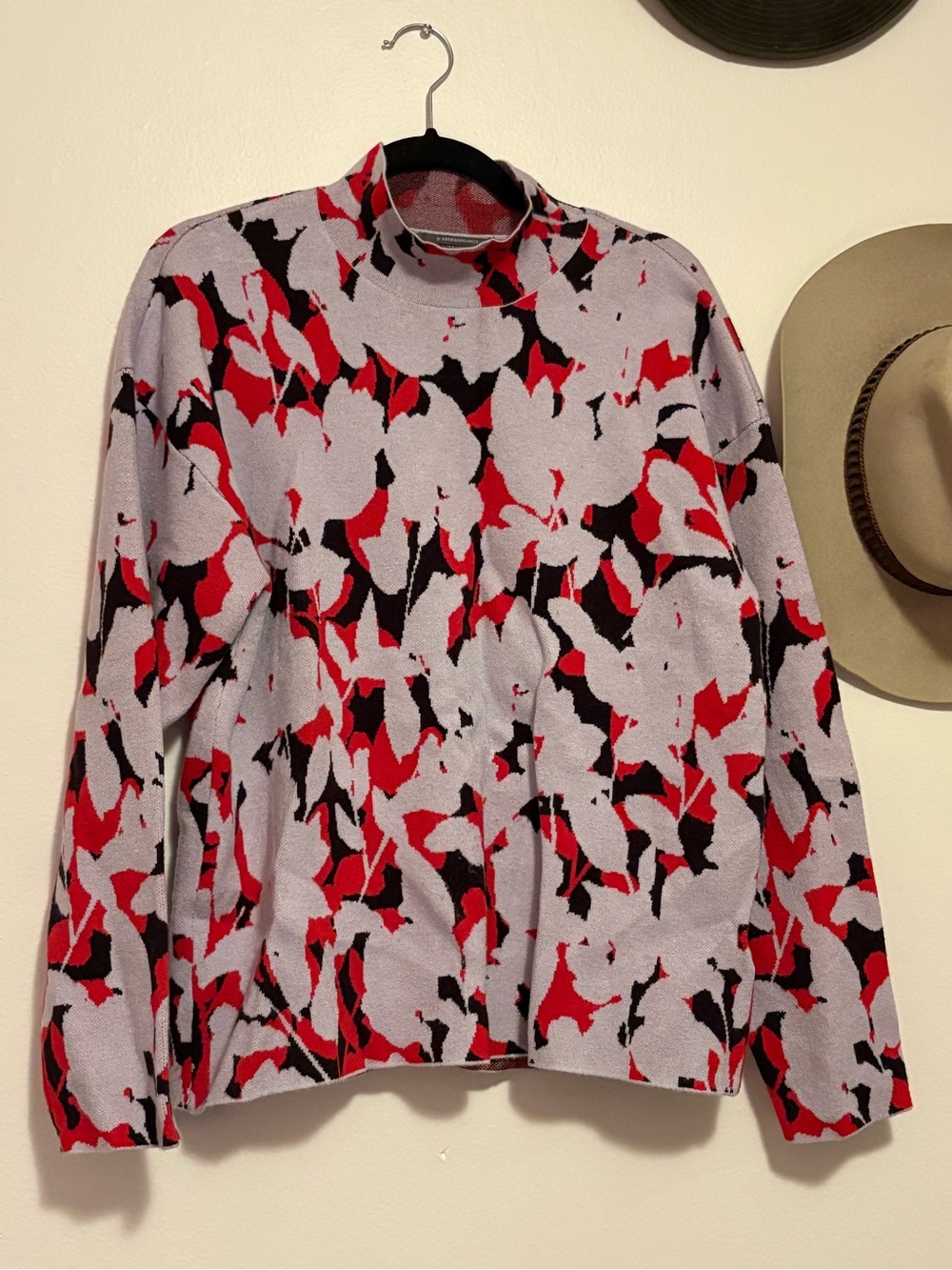 Anthropologie Red, Light Gray and Black Abstract Knit Sweater